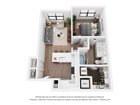 A 3D floor plan of a small apartment with a kitchen, living room, and bedroom.